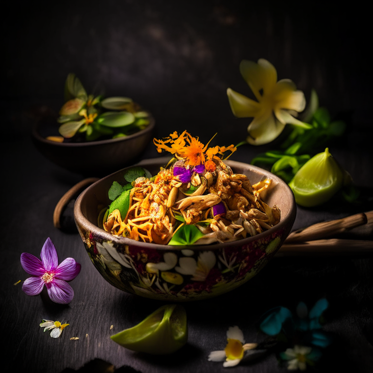 Pad Thai Jay, vegan Pad Thai, served in a handcrafted Thai bowl with Thai spoon, decorated with Thai flowers, bright studio lighting, razor sharp focus