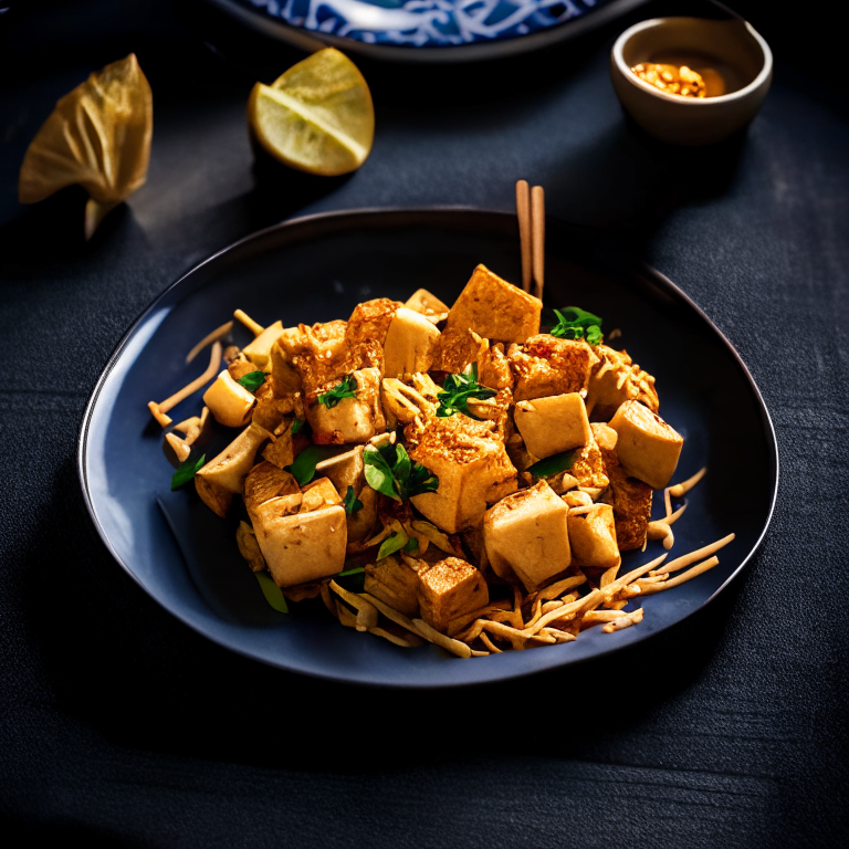 Pad Thai Jay, vegan Pad Thai, garnished with tofu, served on a Thai tray with Thai chopsticks, decorated with Thai textiles, bright studio lighting, razor sharp focus