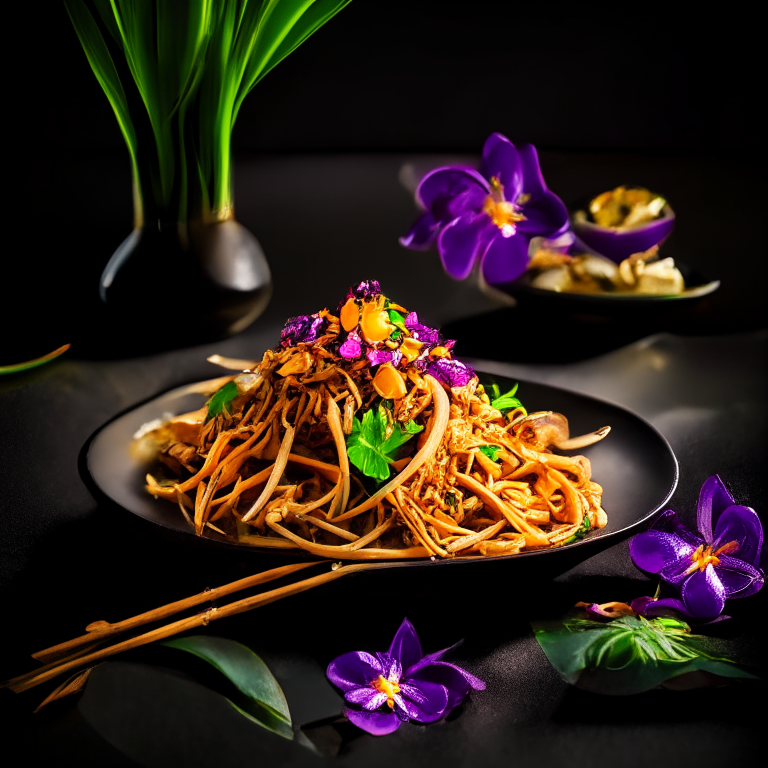 Pad Thai Jay, vegan Pad Thai, presented in a Thai restaurant with Thai utensils, decorated with Thai orchids, bright studio lighting, razor sharp focus