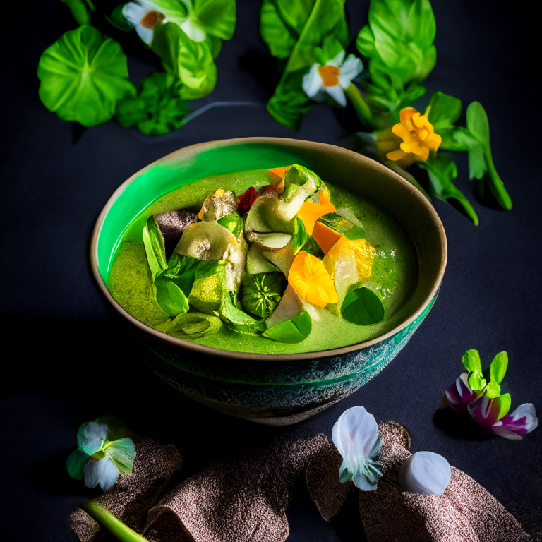 Gang Keow Wan Pak, Thai green curry vegetables, served in a handcrafted Thai bowl with Thai spoon, decorated with Thai flowers, bright studio lighting, razor sharp focus