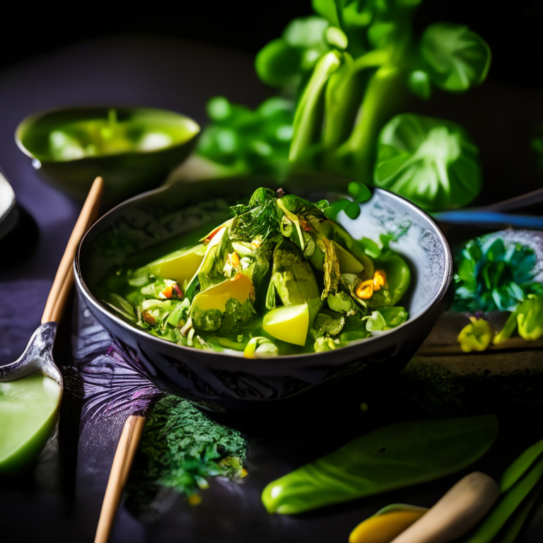 Gang Keow Wan Pak, Thai green curry vegetables, presented in a Thai restaurant with Thai utensils, decorated with Thai orchids, bright studio lighting, razor sharp focus