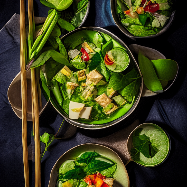 Gang Keow Wan Pak, Thai green curry vegetables, garnished with Thai basil, served on a Thai tray with Thai chopsticks, decorated with Thai textiles, bright studio lighting, razor sharp focus