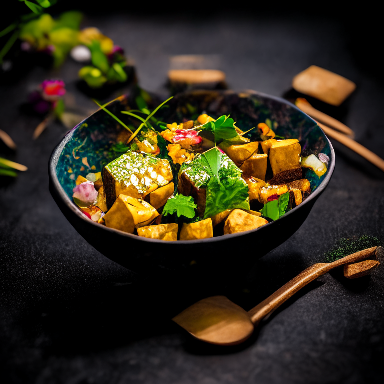 Pad Krapow Tofu, Thai basil tofu, served in a handcrafted Thai bowl with Thai spoon, decorated with Thai flowers, bright studio lighting, razor sharp focus