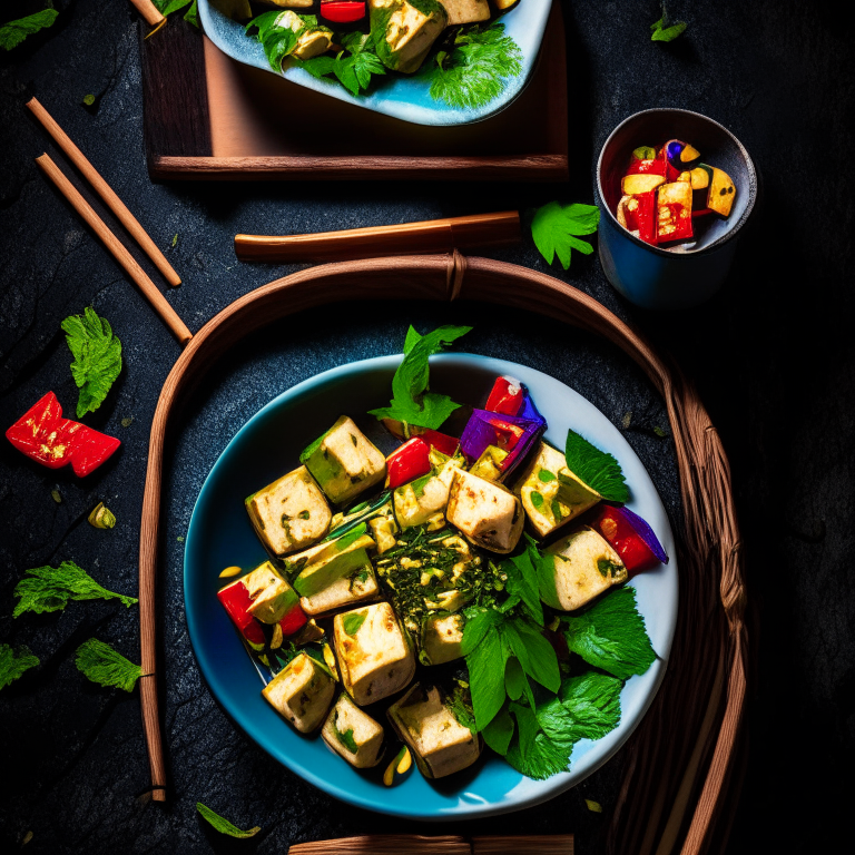 Pad Krapow Tofu, Thai basil tofu, garnished with Thai basil, served on a Thai tray with Thai chopsticks, decorated with Thai textiles, bright studio lighting, razor sharp focus