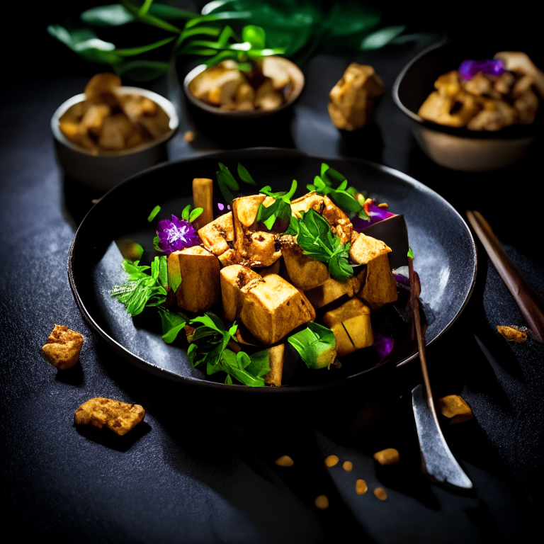 Pad Krapow Tofu, Thai basil tofu, presented in a Thai restaurant with Thai utensils, decorated with Thai orchids, bright studio lighting, razor sharp focus