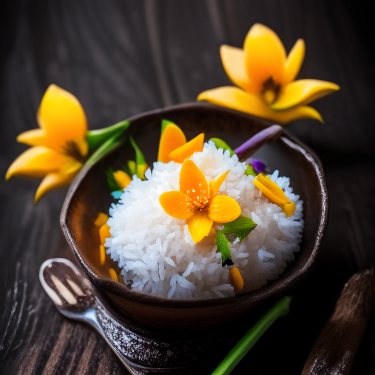 Khao Niao Mamuang, Thai mango sticky rice, served in a handcrafted Thai bowl with Thai spoon, decorated with Thai flowers, bright studio lighting, razor sharp focus