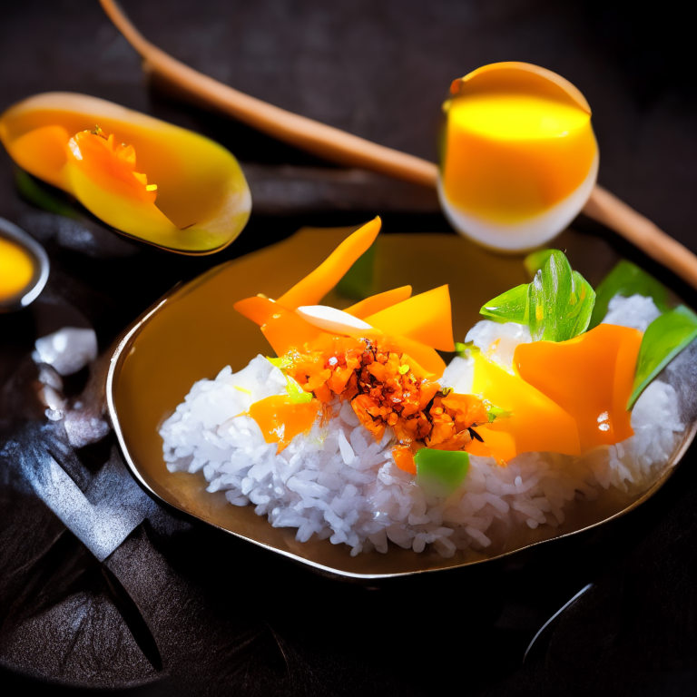 Khao Niao Mamuang, Thai mango sticky rice, presented in a Thai restaurant with Thai utensils, decorated with Thai orchids, bright studio lighting, razor sharp focus