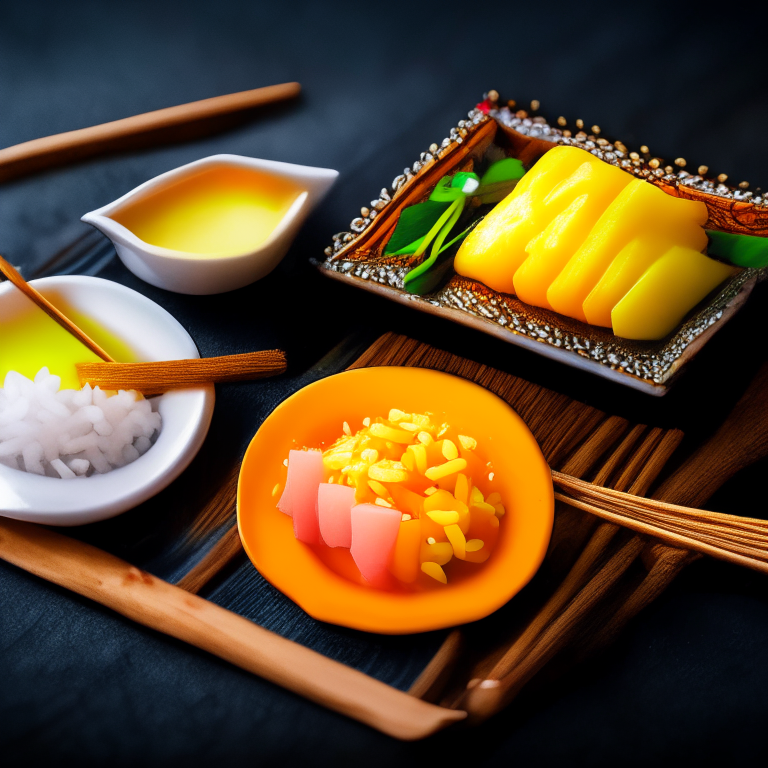 Khao Niao Mamuang, Thai mango sticky rice, garnished with mango, served on a Thai tray with Thai chopsticks, decorated with Thai textiles, bright studio lighting, razor sharp focus