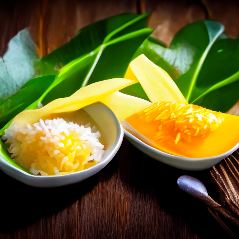 Khao Niao Mamuang, Thai mango sticky rice, garnished with mango slices, served on banana leaf with Thai spoon, bright studio lighting, razor sharp focus