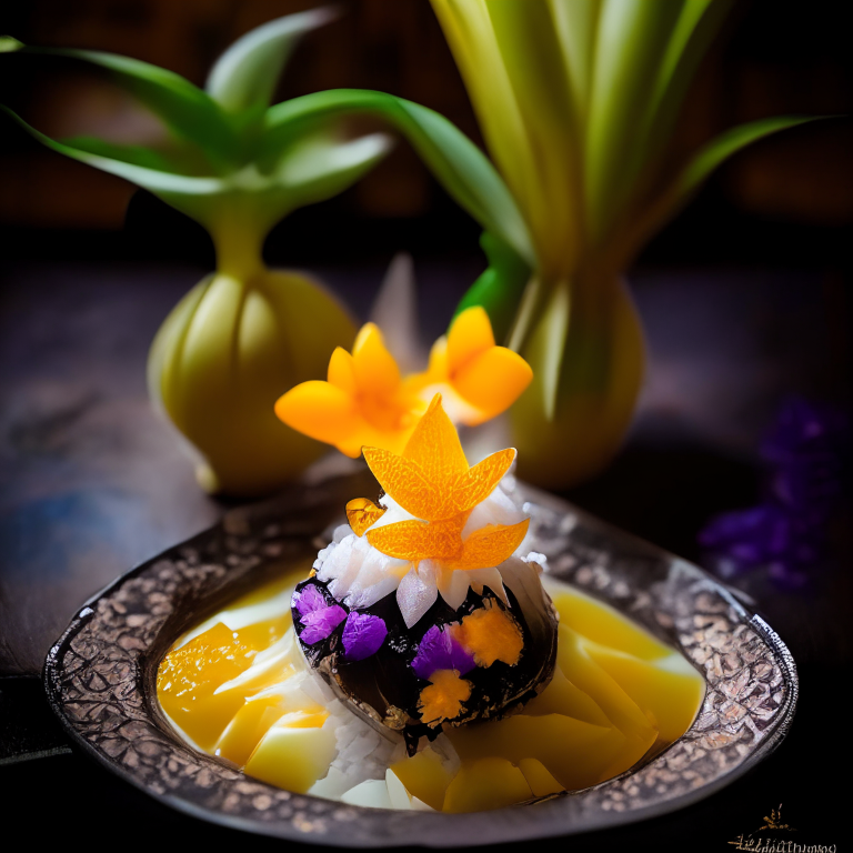 Khao Niao Mamuang, Thai mango sticky rice, presented in a Thai restaurant with orchids, decorated with Thai carvings, bright studio lighting, razor sharp focus