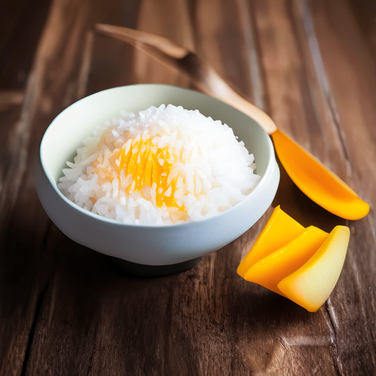 Mango sticky rice served in a Thai bowl, bright studio lighting, razor sharp focus on the rice, mango and coconut milk