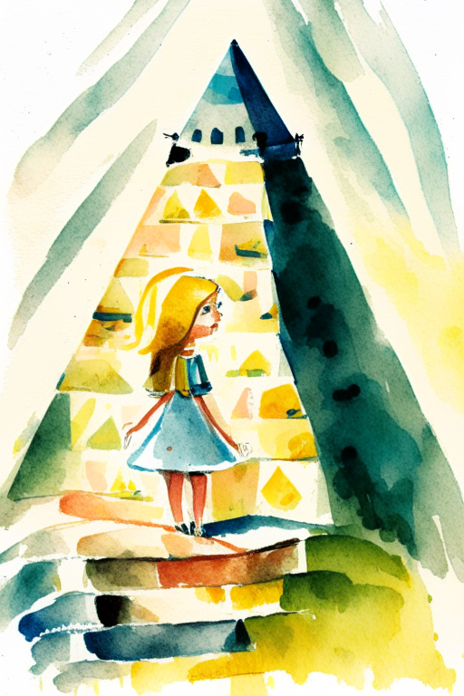 Girl climbing the pyramid of liana river watercolour in the style of mary blair