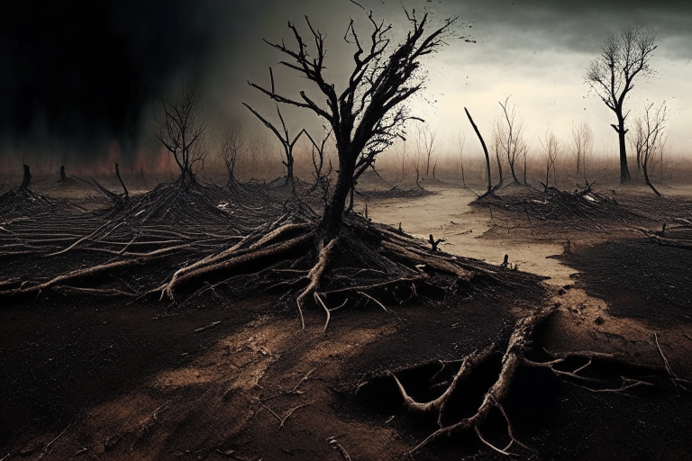 landscape, burnt trees without leaves and wooden pieces come out of the muddy ground, on the whole background far away cloud of black ashes and mud touch the ground