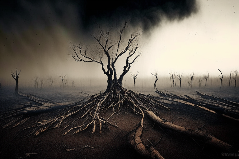 landscape, burnt trees without leaves and wooden pieces come out of the muddy grey ground, on the background smoke from the ground get to the sky and fills the whole background
