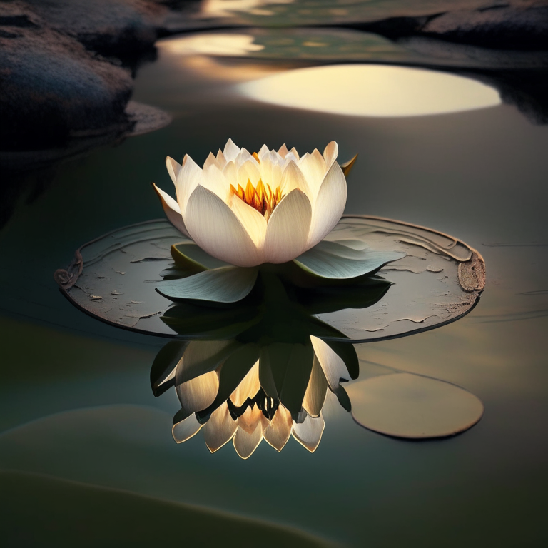 A single lotus flower opening up in a calm river bed