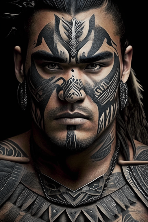 Maori warrior, full face and shoulders, face tattoos