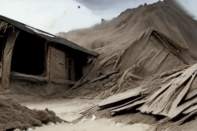 landscape, walls and wooden pieces of ancient  houses come out of grey mud. on the background huge avalanche comes towards camera
