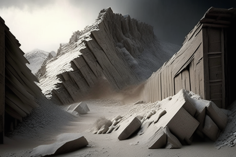 landscape, walls and wooden pieces of ancient  city come out of grey mud. on the huge avalanche comes towards camera from far away
