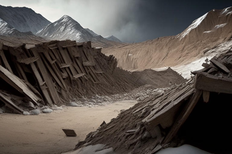 landscape, walls and wooden pieces of ancient  city buried with mud. wide view, on the background huge avalanche comes towards camera from far away
