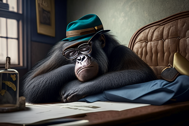 award winning photo of an adorable gorilla sleeping, gentleman style, wearing glasses, tie, cap with a feather, sitting in office, cute exhibition, detailed background, many beautiful patterns, a loft wall on the background, the atmosphere of a fairy tail --s 750 --style raw --ar 16:9