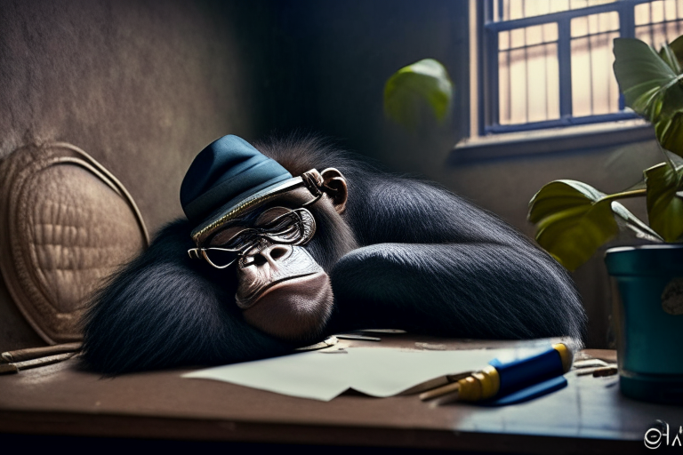 award winning photo of an adorable gorilla sleeping, gentleman style, wearing glasses, tie, cap with a feather, sitting in office, cute exhibition, detailed background, many beautiful patterns, a loft wall on the background, the atmosphere of a fairy tail --s 750 --style raw --ar 16:9