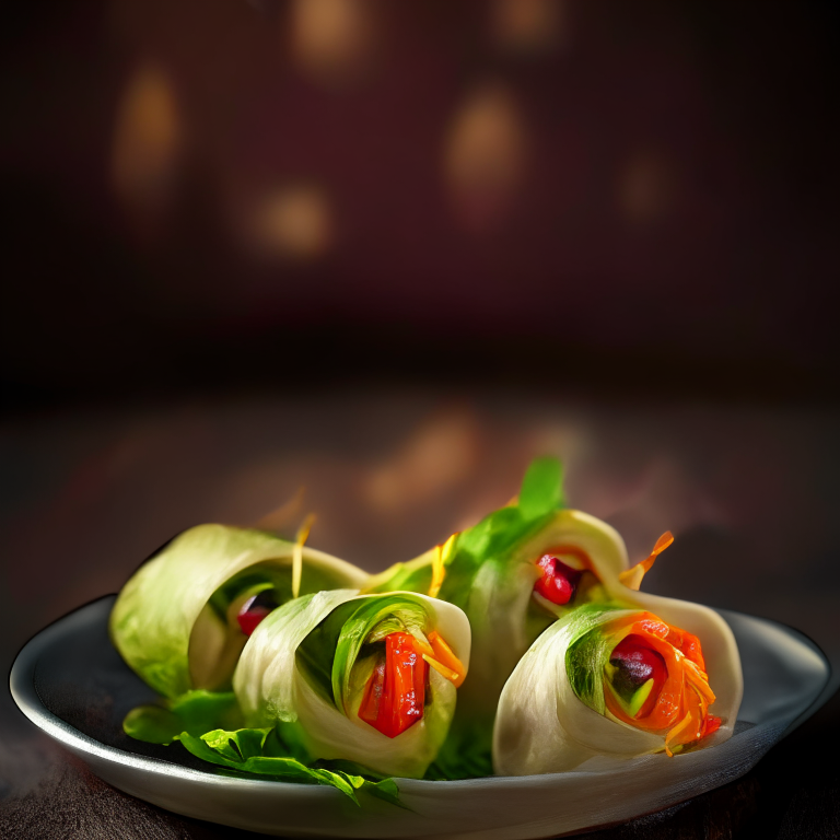 Vegetable spring rolls on a decorative Thai plate, bright studio lighting, extremely sharp focus, filling the frame, Thai restaurant setting