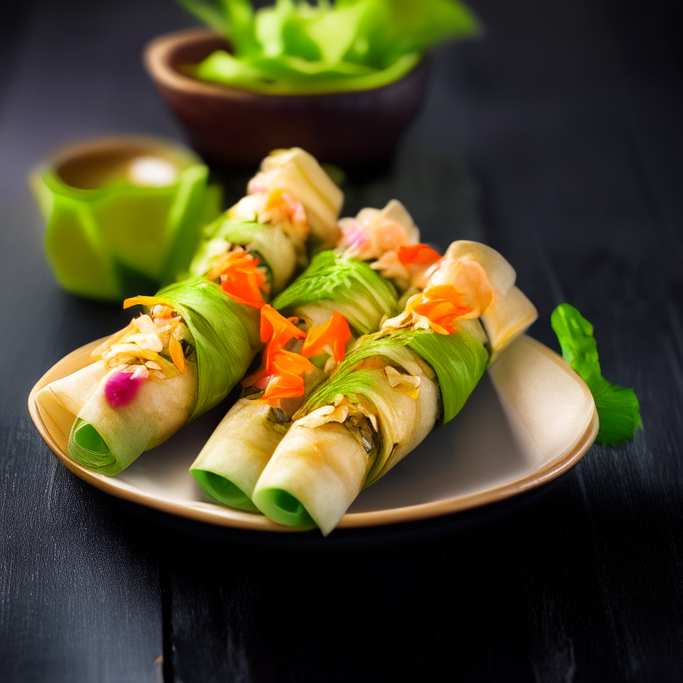 Vegetable spring rolls on a decorative Thai plate, bright studio lighting, extremely sharp focus, filling the frame, Thai restaurant setting