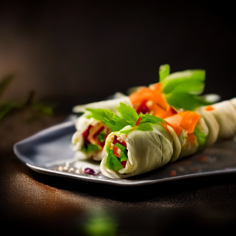 Vegetable spring rolls on a decorative Thai plate, bright studio lighting, extremely sharp focus, filling the frame, Thai restaurant setting