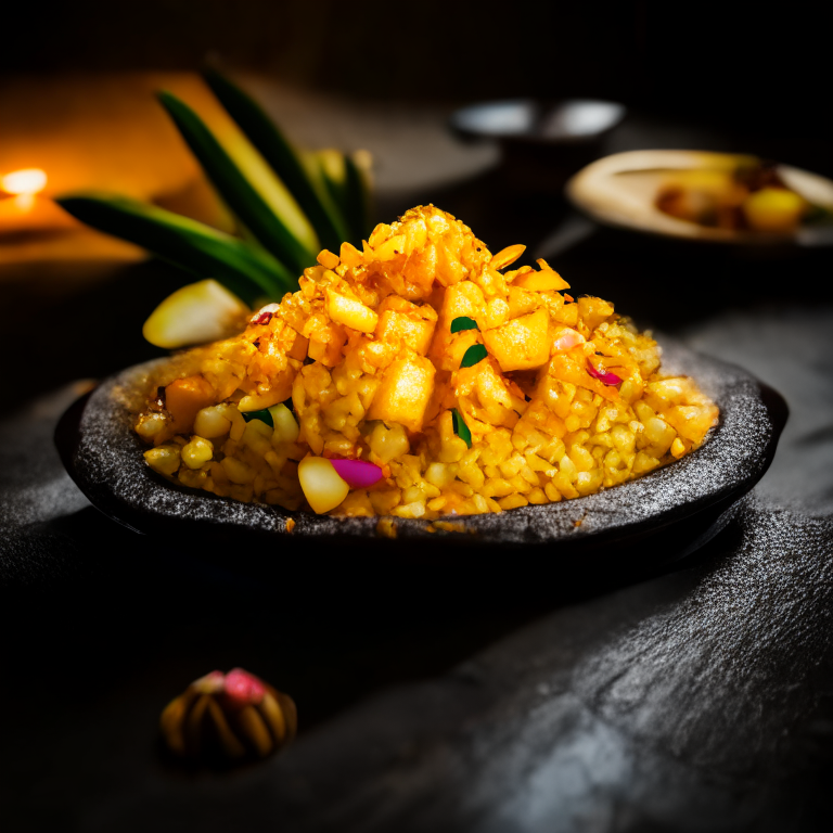 Pineapple fried rice on a decorative Thai plate, bright studio lighting, extremely sharp focus, filling the frame, Thai restaurant setting