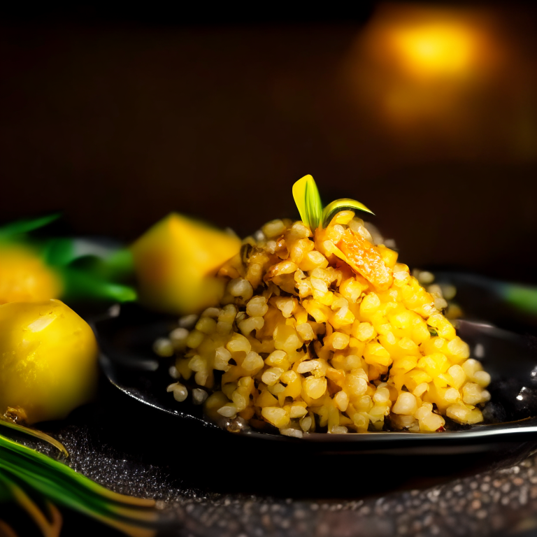 Pineapple fried rice on a decorative Thai plate, bright studio lighting, extremely sharp focus, filling the frame, Thai restaurant setting