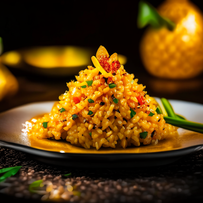 Pineapple fried rice on a decorative Thai plate, bright studio lighting, extremely sharp focus, filling the frame, Thai restaurant setting