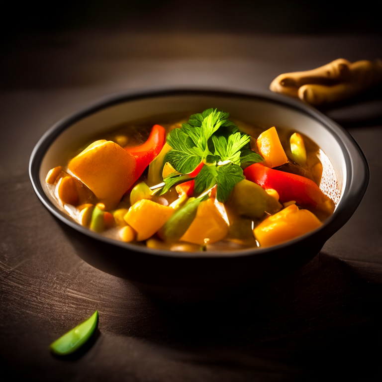 Massaman curry vegetables in a Thai bowl, bright studio lighting, extremely sharp focus, filling the frame, Thai restaurant setting