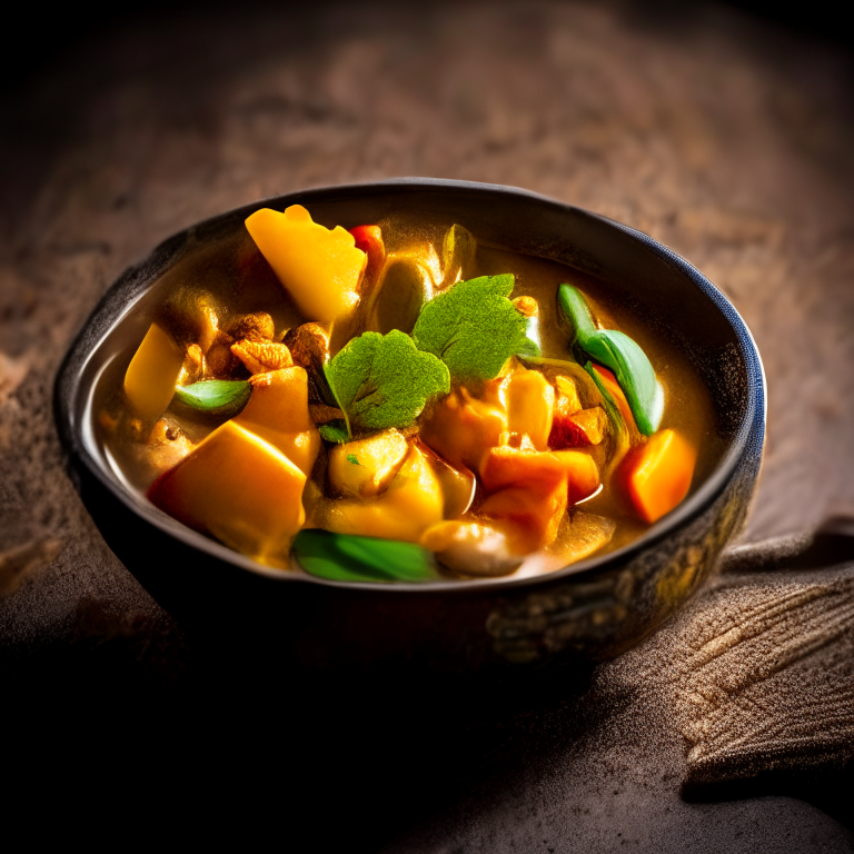 Massaman curry vegetables in a Thai bowl, bright studio lighting, extremely sharp focus, filling the frame, Thai restaurant setting