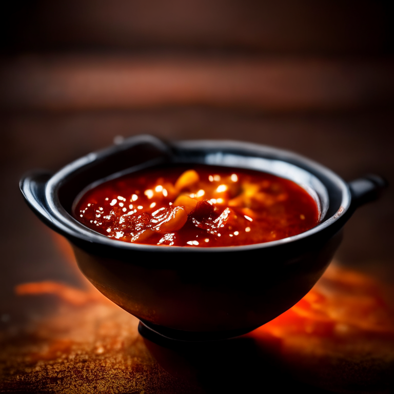Nam prik pao chili sauce in a Thai bowl, bright studio lighting, extremely sharp focus, filling the frame, Thai restaurant setting