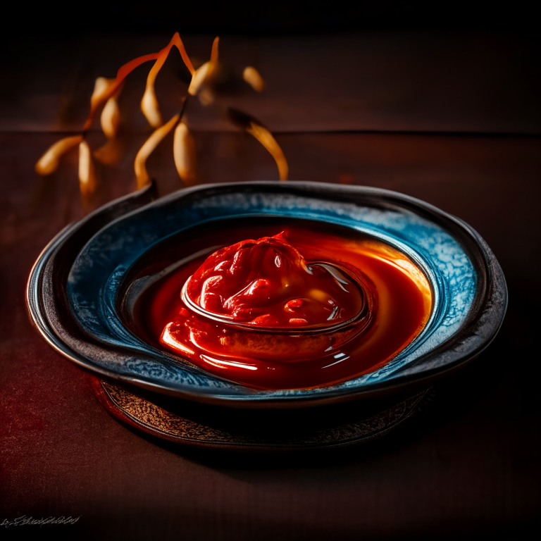 Nam prik pao chili sauce in a decorative Thai plate, bright studio lighting, extremely sharp focus, filling the frame, Thai restaurant setting