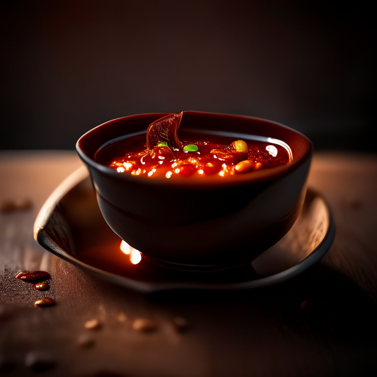 Nam prik pao chili sauce in a Thai bowl, bright studio lighting, extremely sharp focus, filling the frame, Thai restaurant setting