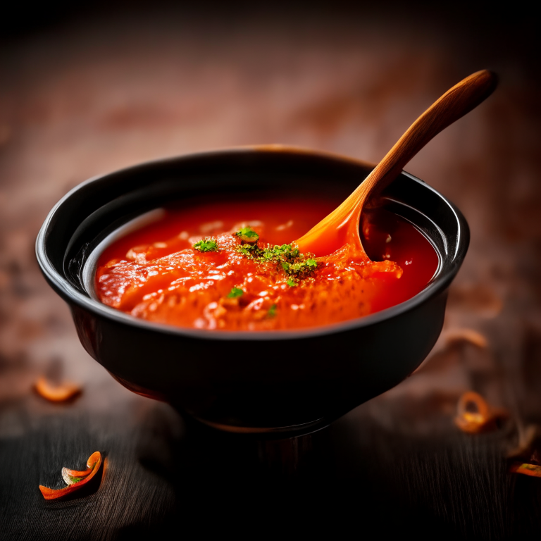 Jaew spicy sauce in a Thai bowl, bright studio lighting, extremely sharp focus, filling the frame, Thai restaurant setting