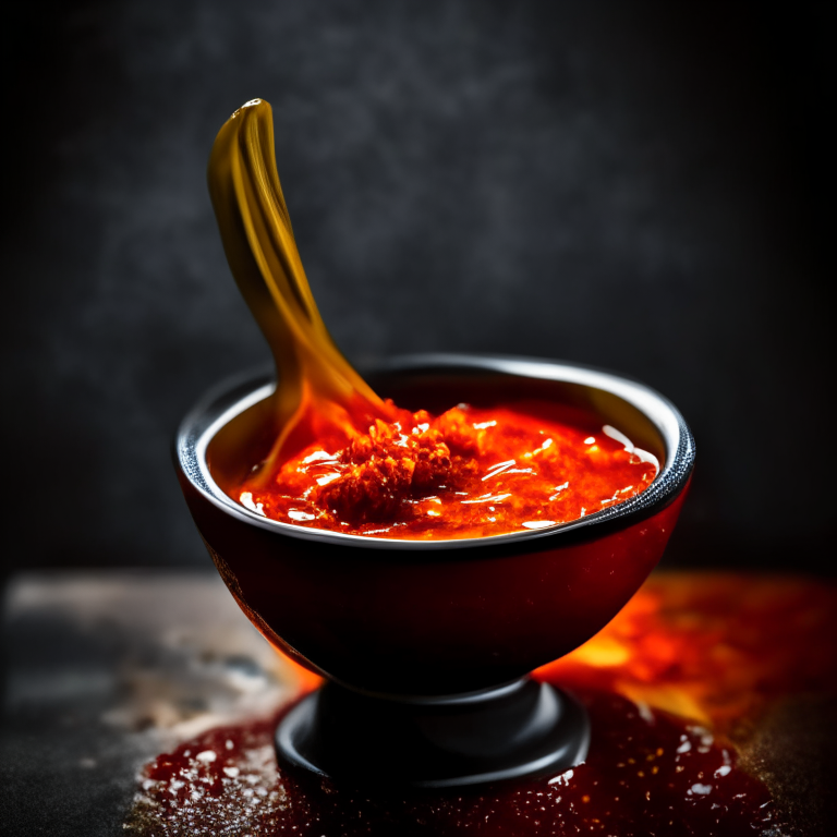 Jaew spicy sauce in a Thai bowl, bright studio lighting, extremely sharp focus, filling the frame, Thai restaurant setting