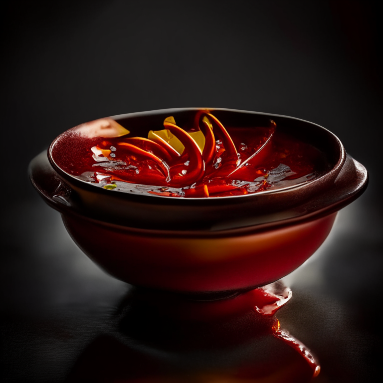 Sweet chili sauce in a decorative Thai bowl, bright studio lighting, extremely sharp focus