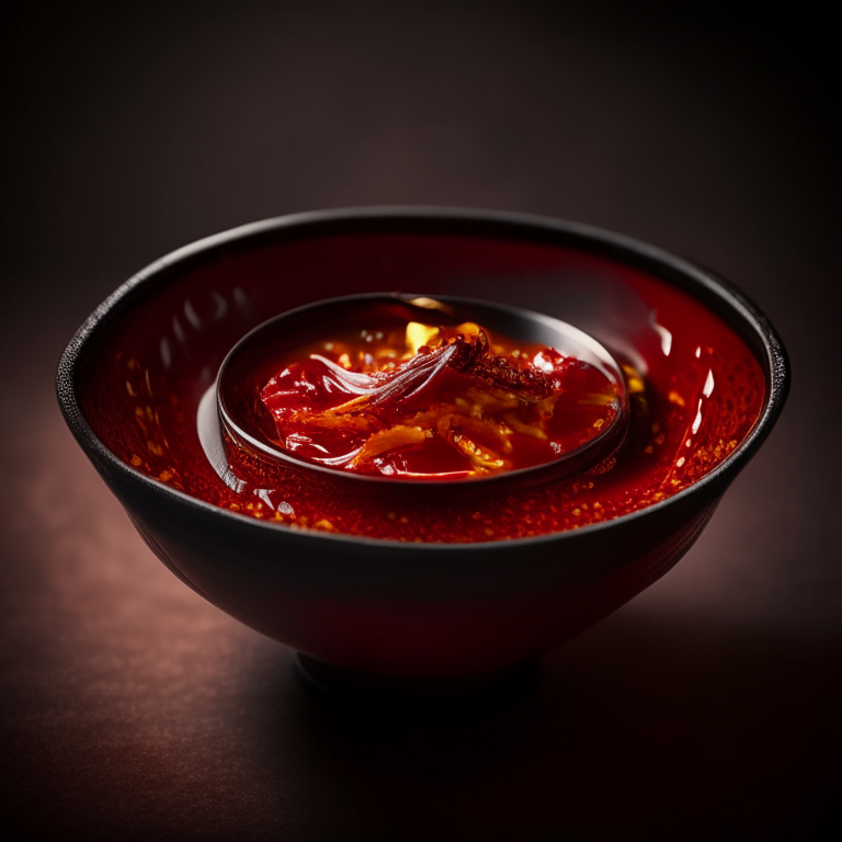 Sweet chili sauce in a decorative Thai bowl, bright studio lighting, extremely sharp focus
