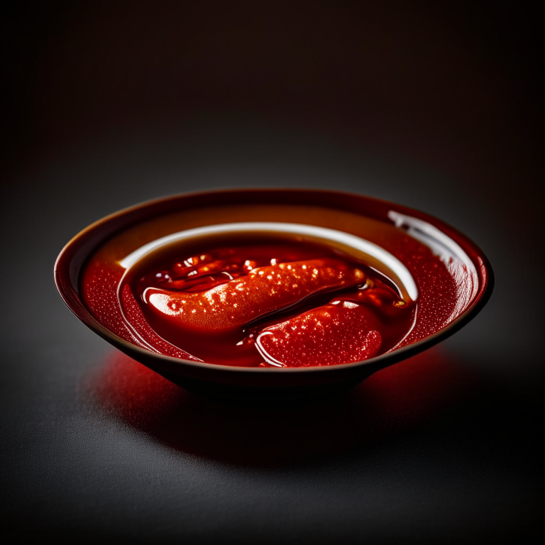 Sweet chili sauce in a Thai plate, bright studio lighting, extremely sharp focus