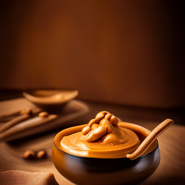 Peanut sauce in a decorative Thai bowl, bright studio lighting, extremely sharp focus, Thai restaurant setting