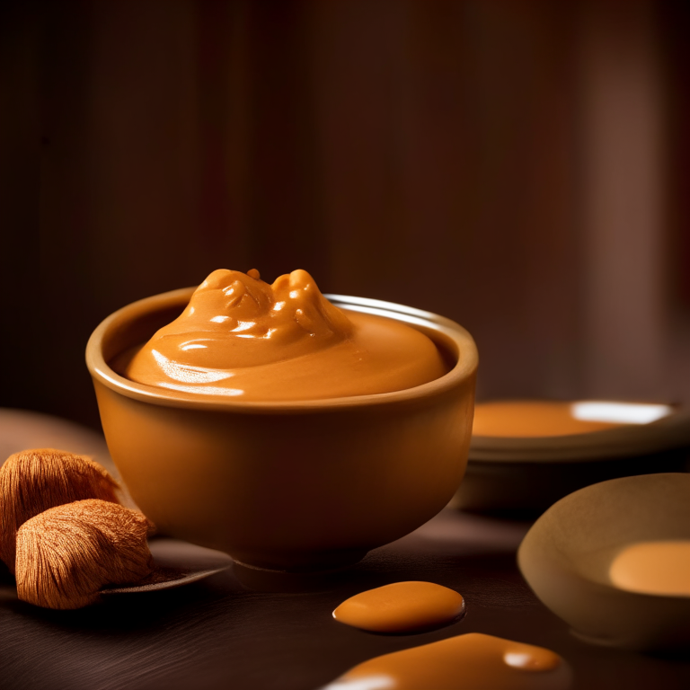 Peanut sauce in a decorative Thai bowl, bright studio lighting, extremely sharp focus, Thai restaurant setting
