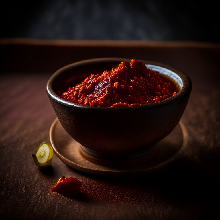 Nam prik num chili paste in a decorative Thai bowl, bright studio lighting, extremely sharp focus