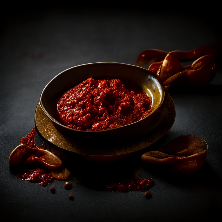 Nam prik num chili paste in a Thai plate, bright studio lighting, extremely sharp focus