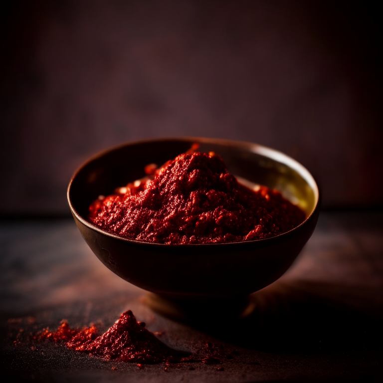 Nam prik num chili paste in a decorative Thai bowl, bright studio lighting, extremely sharp focus