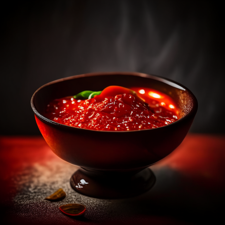 Sweet chili sauce in a decorative Thai bowl, bright studio lighting, extremely sharp focus