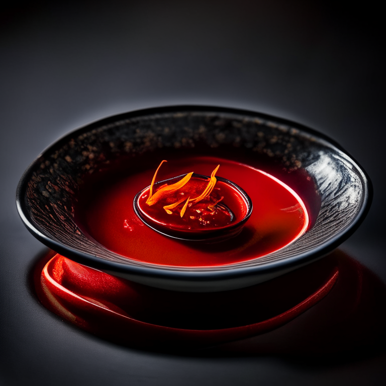 Sweet chili sauce in a Thai plate, bright studio lighting, extremely sharp focus