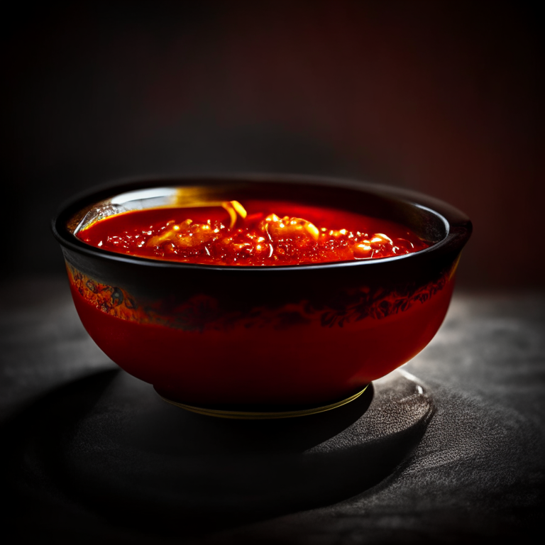 Sweet chili sauce in a decorative Thai bowl, bright studio lighting, extremely sharp focus