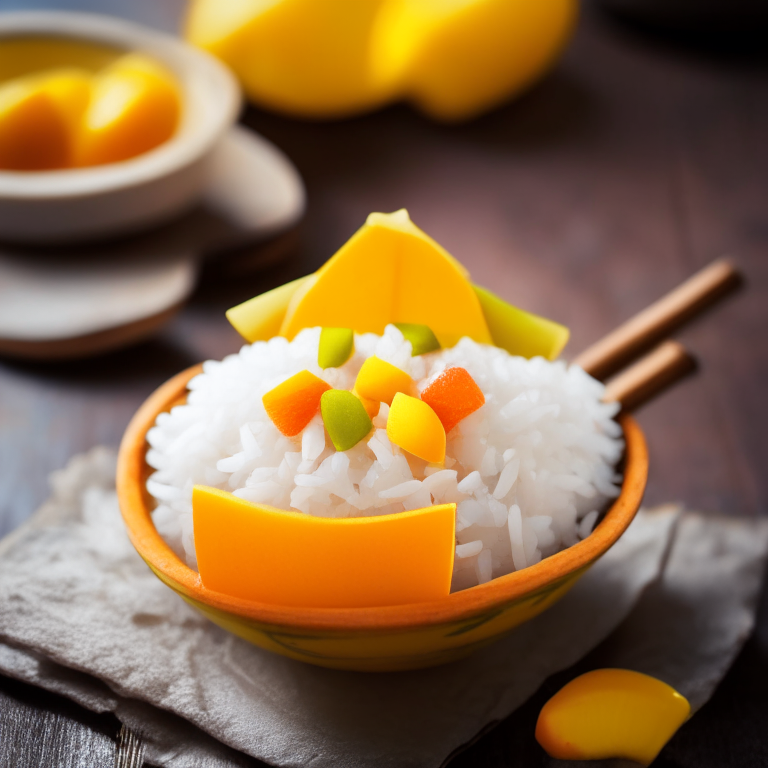 Mango sticky rice in a decorative Thai bowl, bright studio lighting, extremely sharp focus, Thai restaurant setting